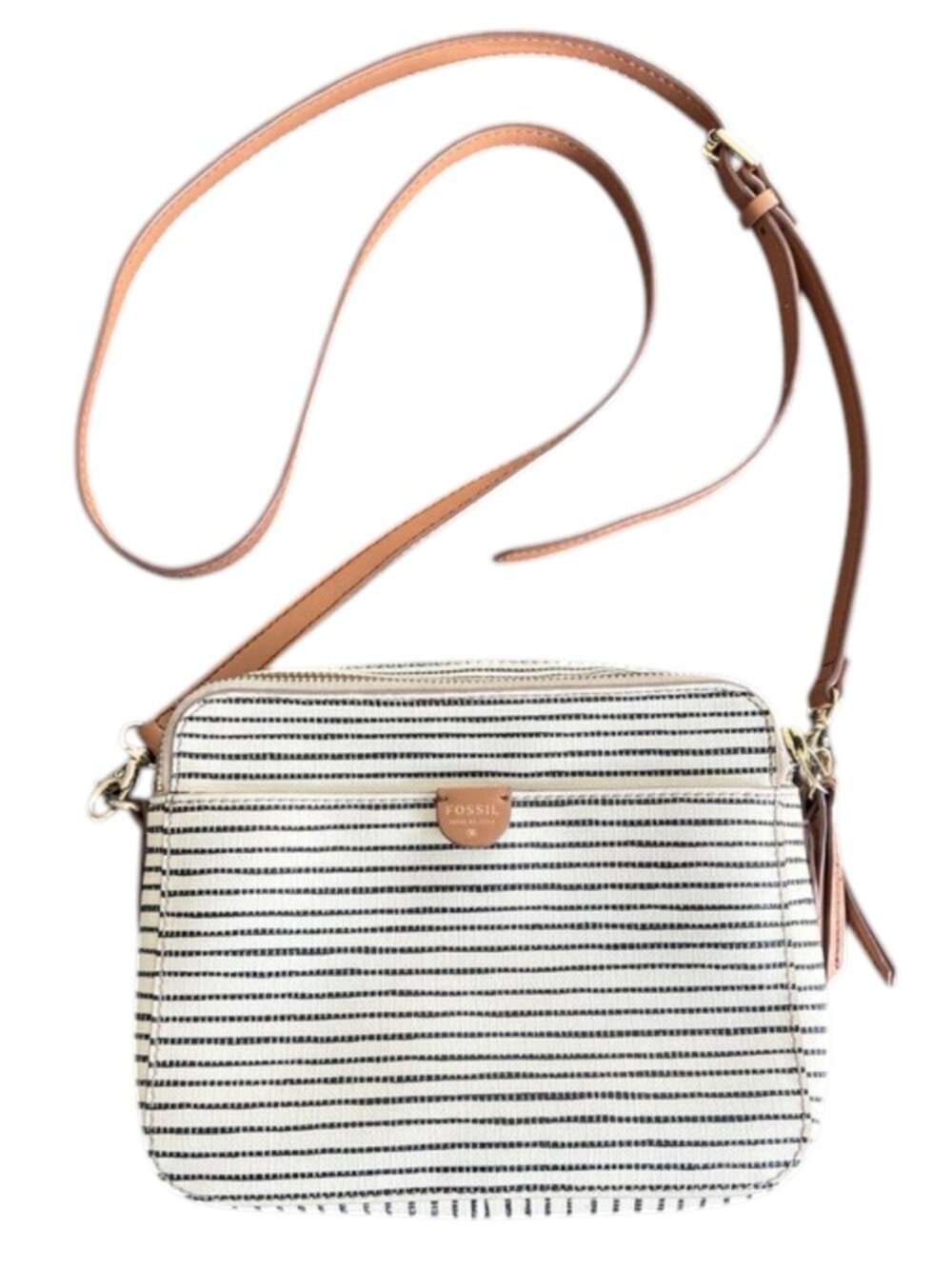 Fossil Stripe Crossbody Bag Cream Brown Canvas Coastal Grandmother Preppy